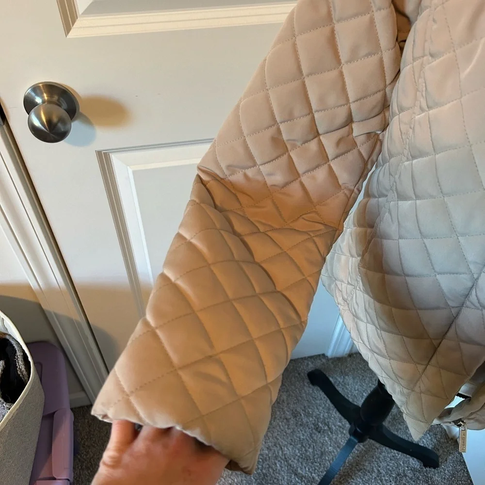 Beige Calvin Klein hooded zip up, puffer jacket with fur lining